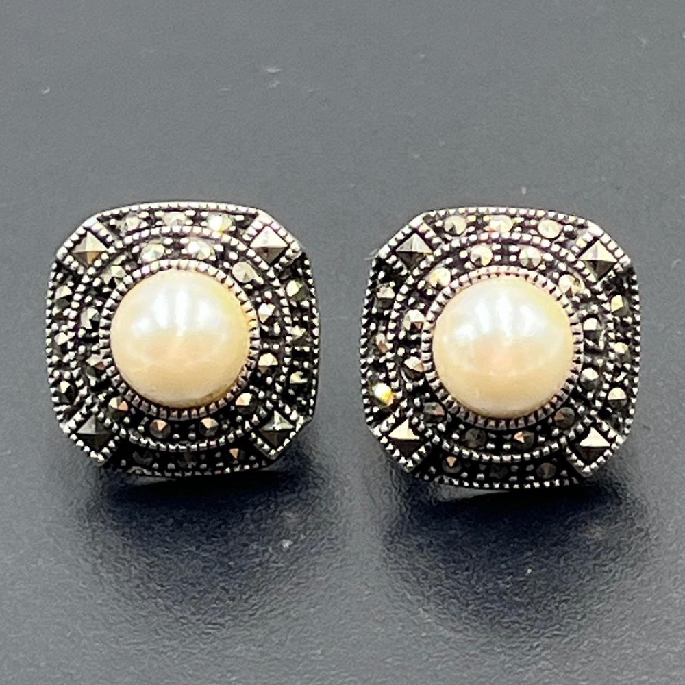 Judith Jack 925 Silver Vintage White Mabe Pearl & Marcasite Omega Back Earrings